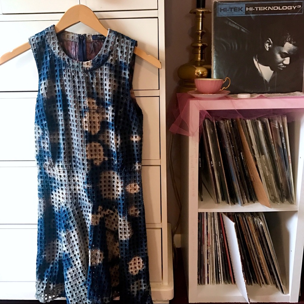 Madewell Custom Dye Dress Tie Dye Bleach Navy Skater Lace Eyelet Fit and Flare 0